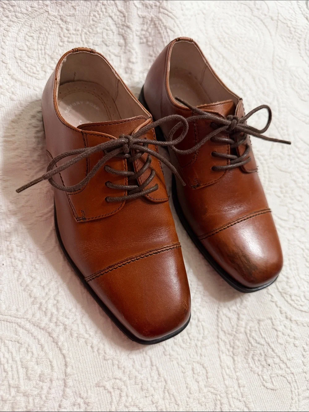 Florsheim Boys Size 3M Kids Dress Shoes Brown Leather Cap-Toe Lace-Up